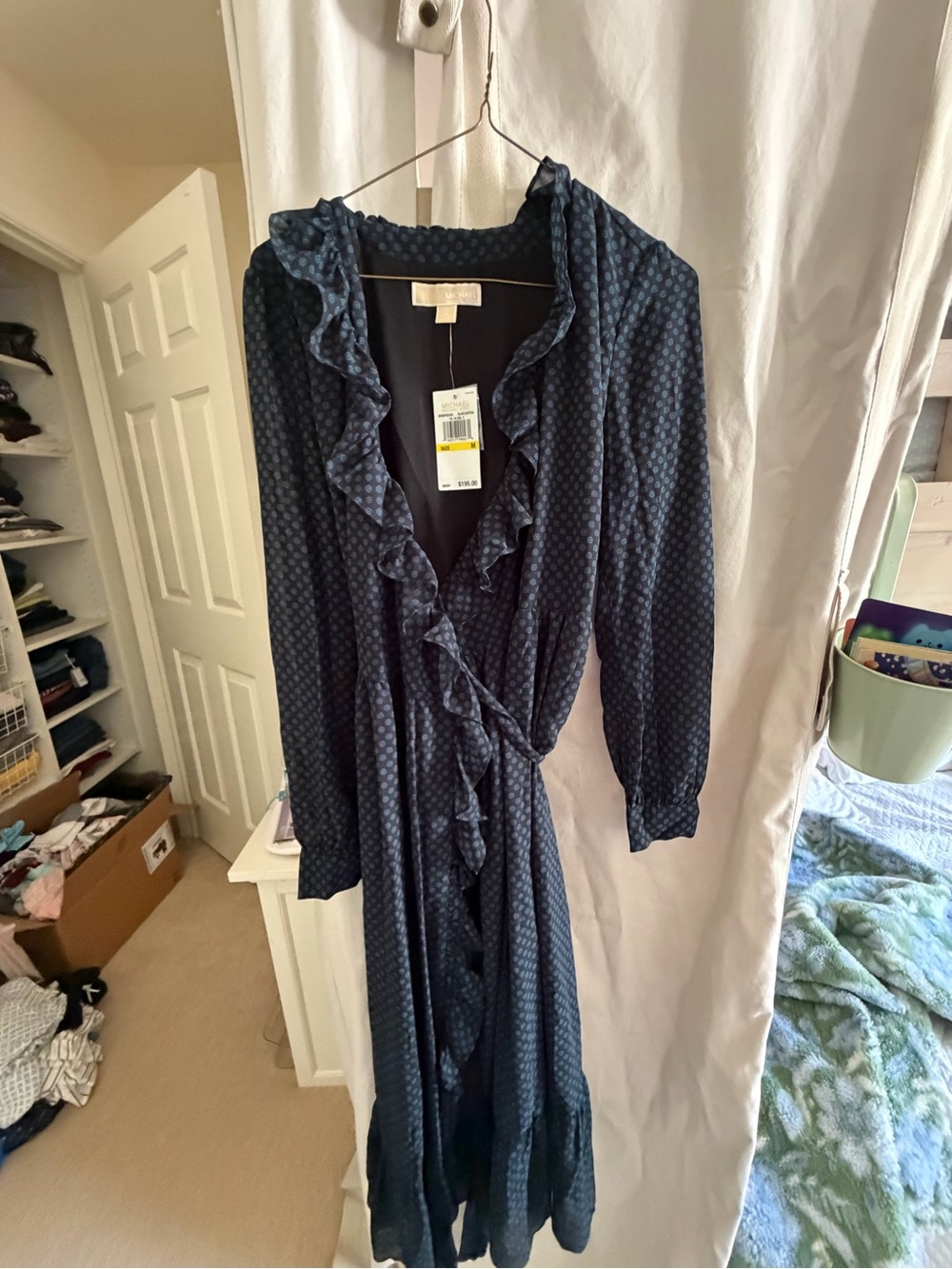 Michael Kors Navy Blue Long Sleeve Ruffle Wrap Dress